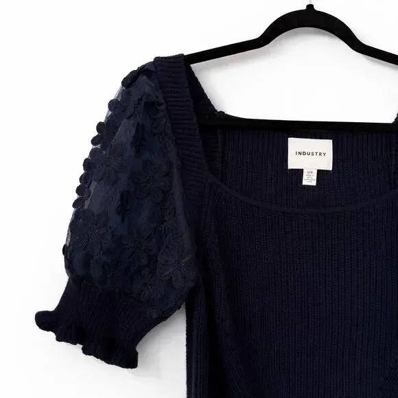 Industry Navy Knit Sweater with Embroidered Lace Puff Sleeves – Size L - Picture 3 of 5